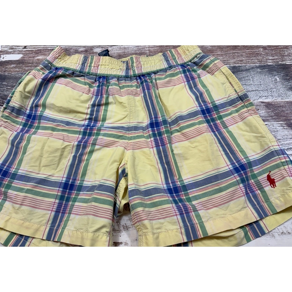Vintage Polo Ralph Lauren Swim Shorts Lined Yellow Plaid Size Medium